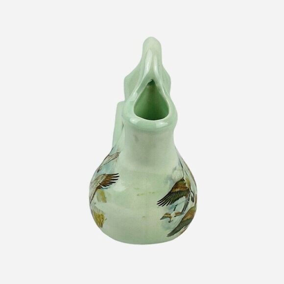 RARE VTG Green Double Opening Spout Bud Vase Planter Geese Mallard Duck Signed - Picture 3 of 11